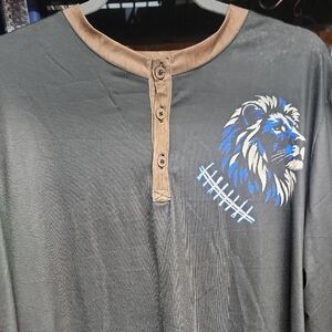 Men's Black and Brown Henley Shirt with Lion Design